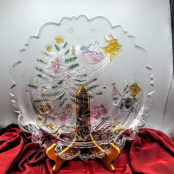 Share the Joy Christmas Glass Platter Santa Sleigh Teddy Bears 14" Caldor Vtg - Picture 10 of 10